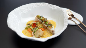 25 Maigre de Mediterranee a la vapeur douce condiment printanier jus de racines acidule scaled 1 300x169